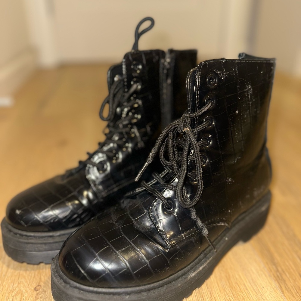 Black Croc-Embossed Combat Boots